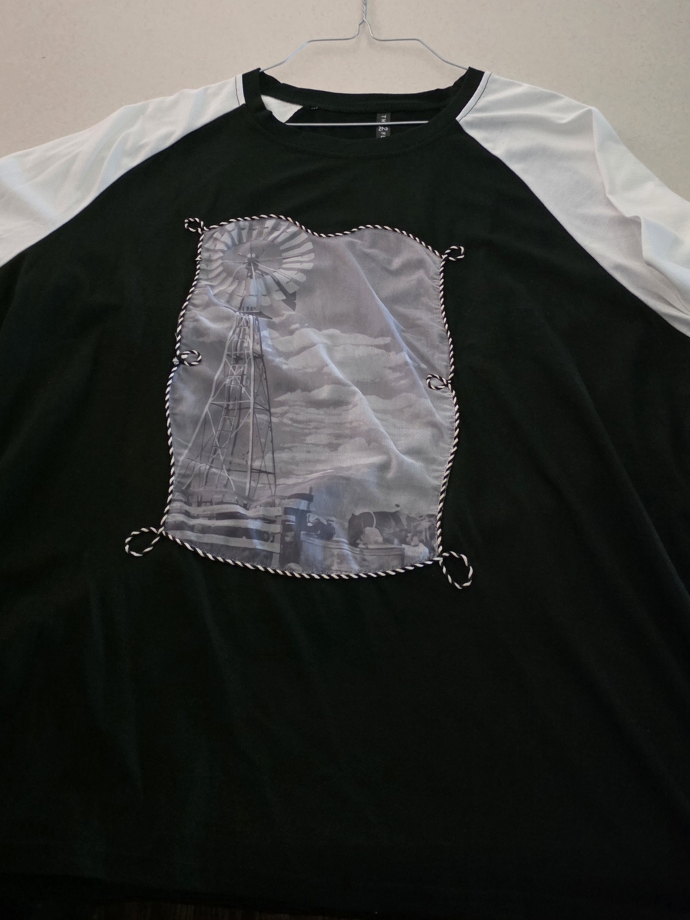 Black & White Raglan Tee with Windmill Graphic